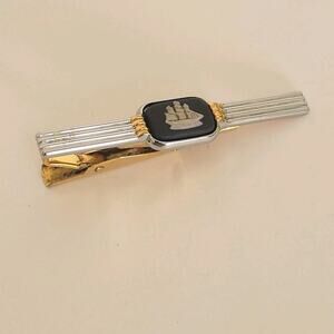 Wedgwood Gold Silver Blue Tone Tie Bar Clip with Jasper Ship Cameo Vintage Retro